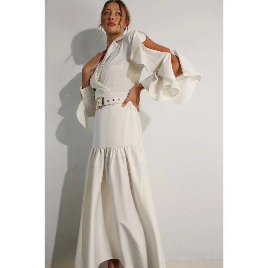 Collared Long Ruffle Sleeve Dress