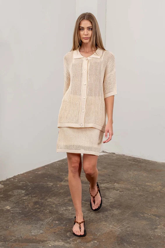 Collared Sheer Crochet Knit Short Sleeve Cardigan