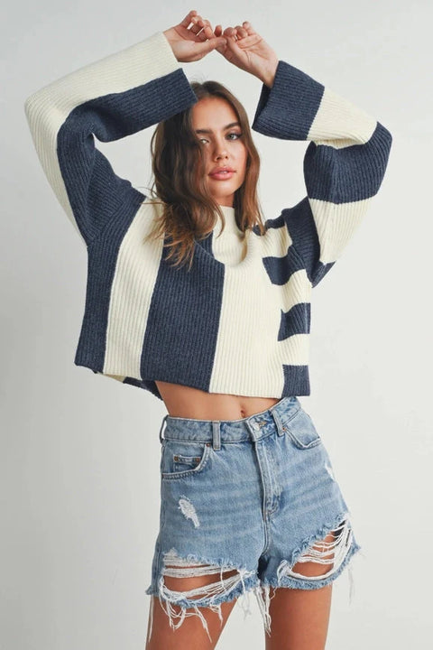 Color Block Mock Turtleneck Sweater NAVY / IVORY