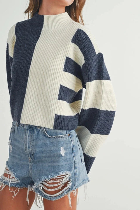 Color Block Mock Turtleneck Sweater NAVY / IVORY