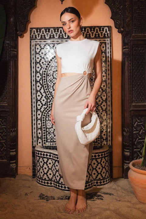 Color Block Padded Shoulder Cutout Midriff Dress