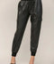 Contrast Rib Band Trim Faux Leather Jogger BLACK