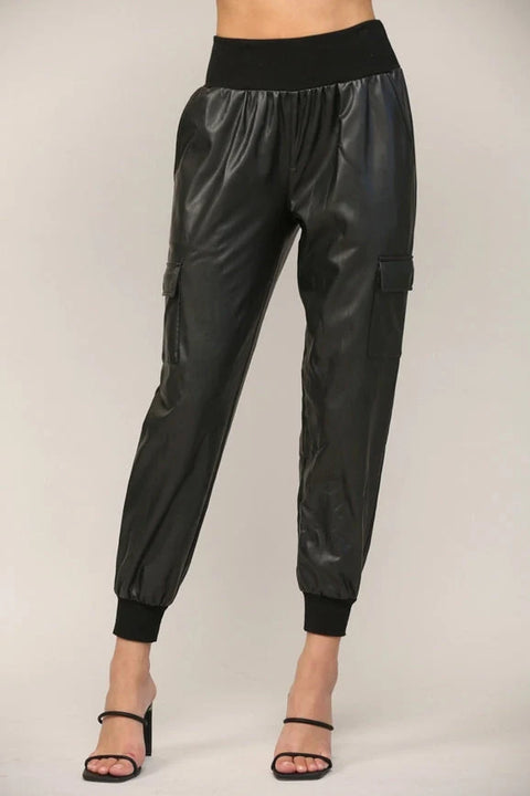 Contrast Rib Band Trim Faux Leather Jogger BLACK