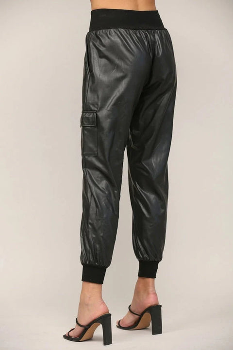 Contrast Rib Band Trim Faux Leather Jogger BLACK
