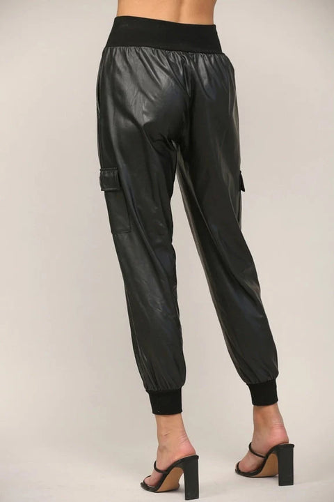 Contrast Rib Band Trim Faux Leather Jogger BLACK