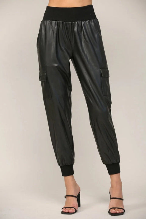 Contrast Rib Band Trim Faux Leather Jogger BLACK