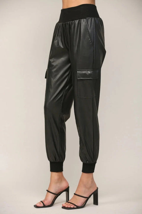Contrast Rib Band Trim Faux Leather Jogger BLACK