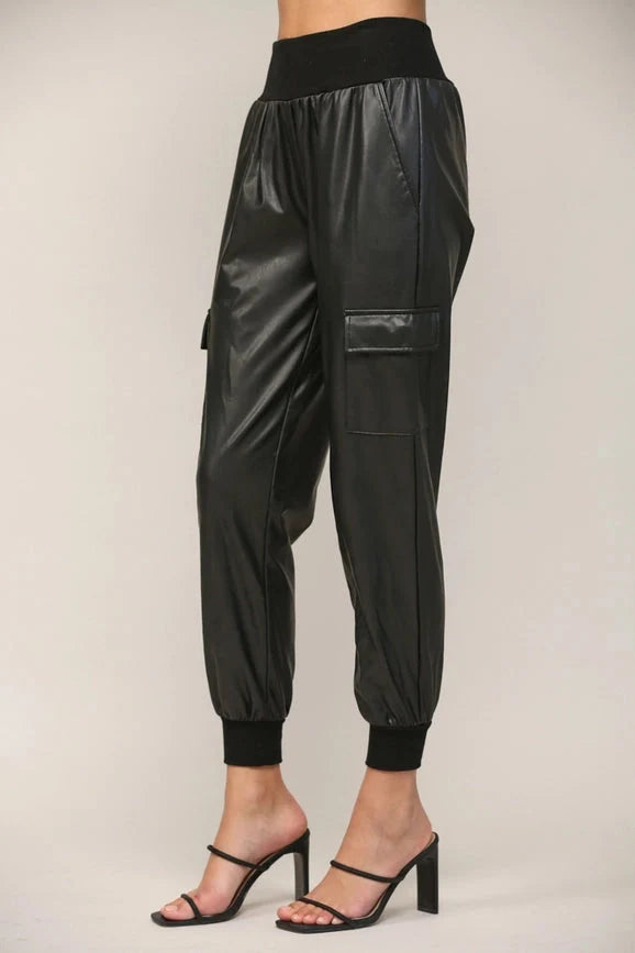 Contrast Rib Band Trim Faux Leather Jogger BLACK