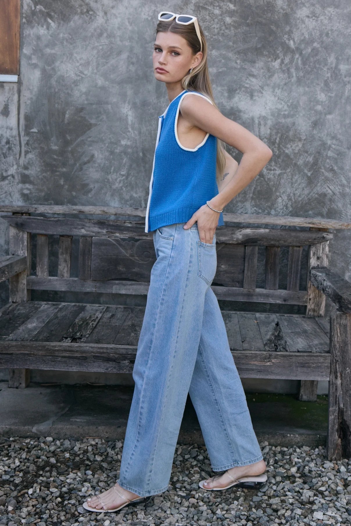 Contrast Trim Knit Button Vest - Blue