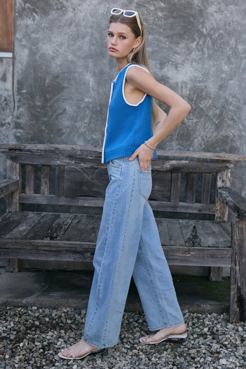 Contrast Trim Knit Button Vest - Blue