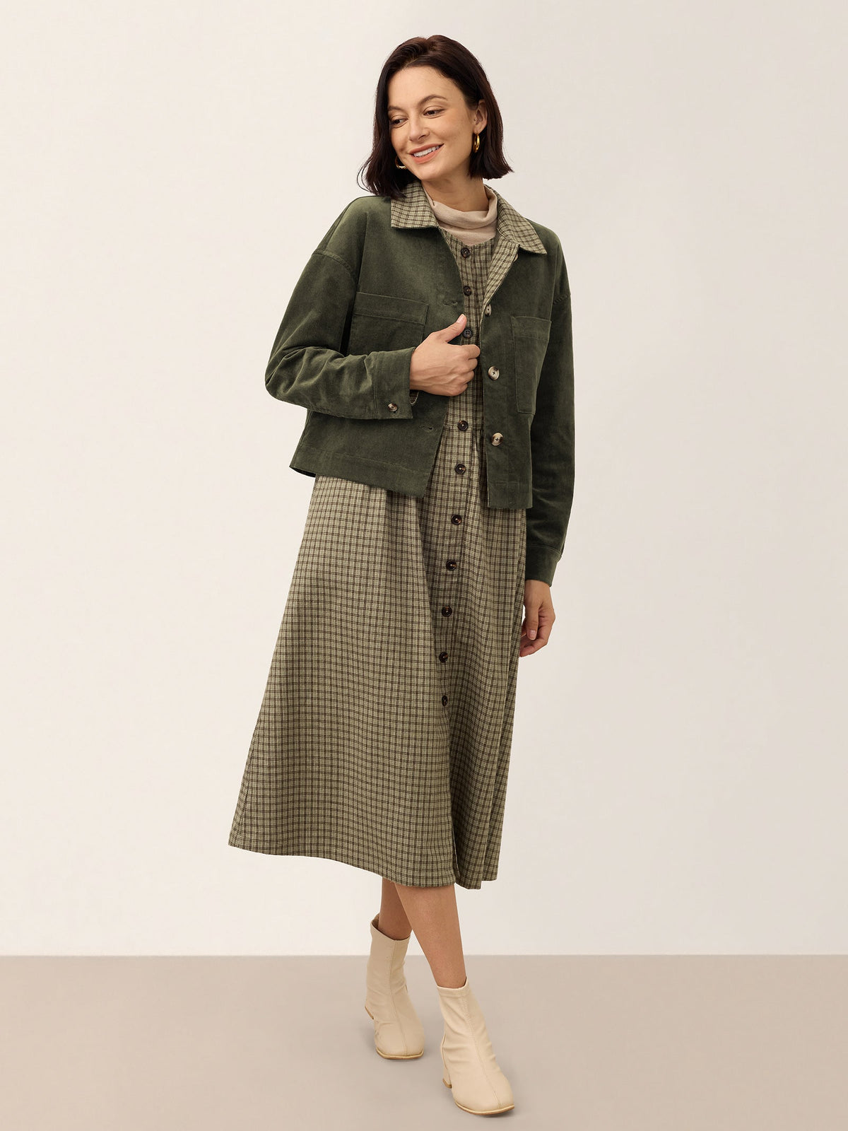 Cotton Lyocell Contrast Check Collar Cropped Jacket FLORENZA