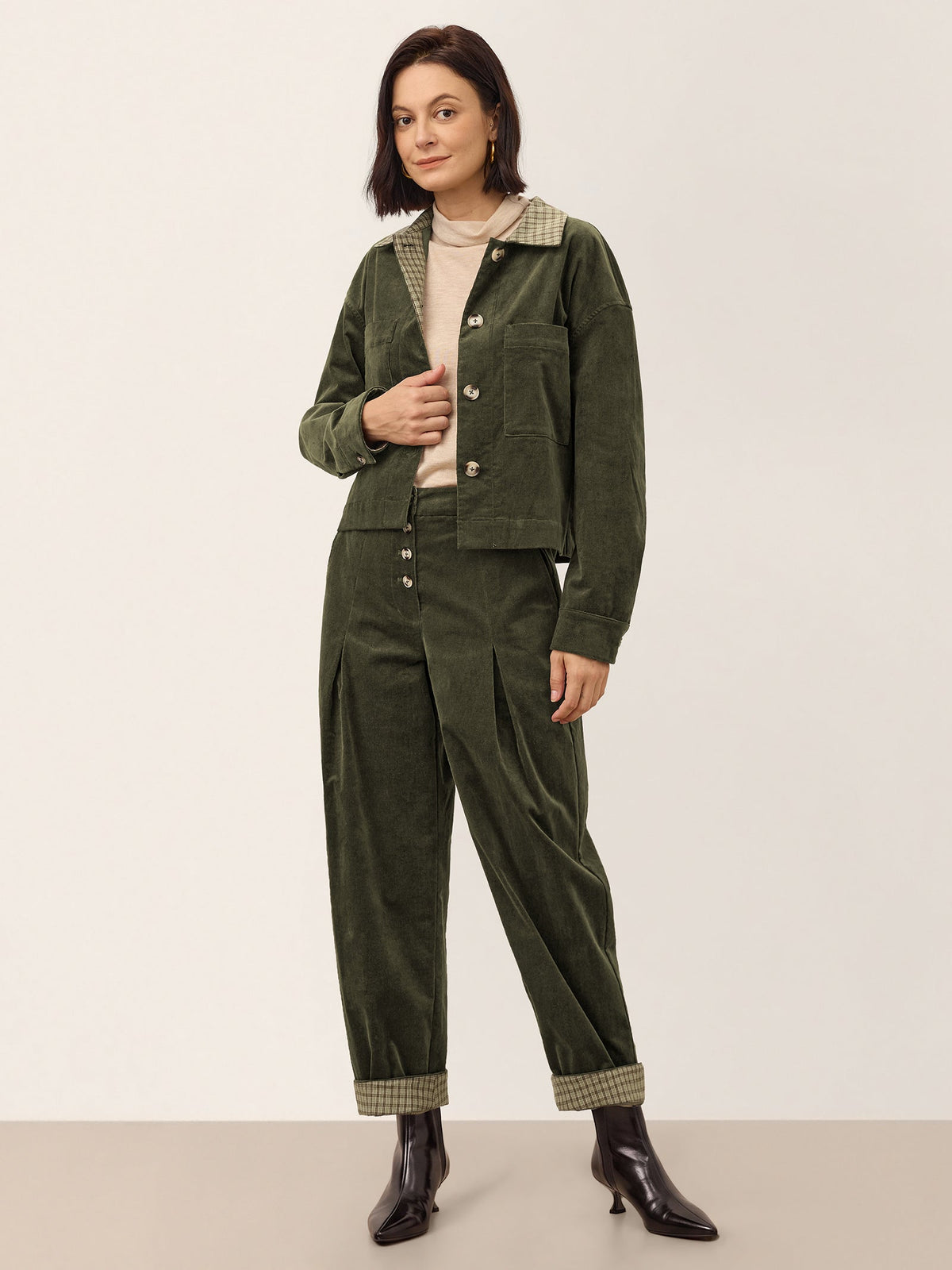 Cotton Lyocell Contrast Check Collar Cropped Jacket FLORENZA