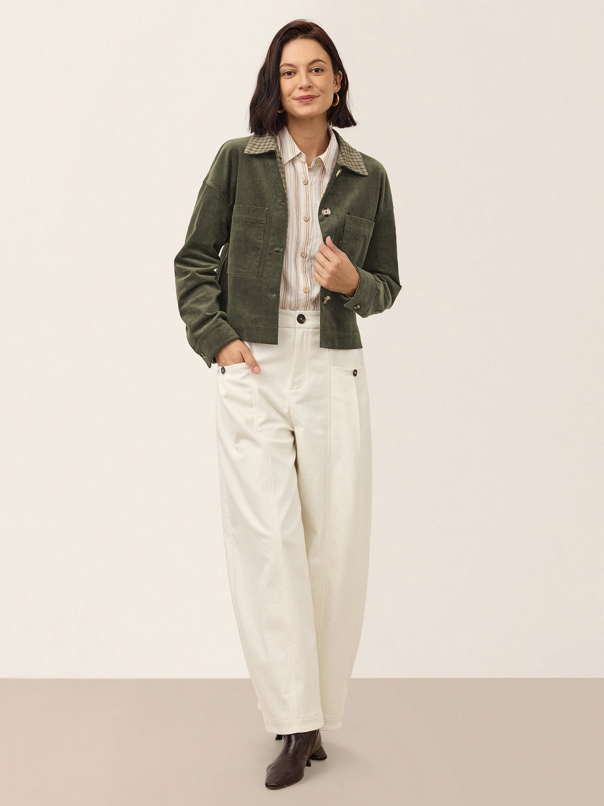 Cotton Lyocell Contrast Check Collar Cropped Jacket FLORENZA
