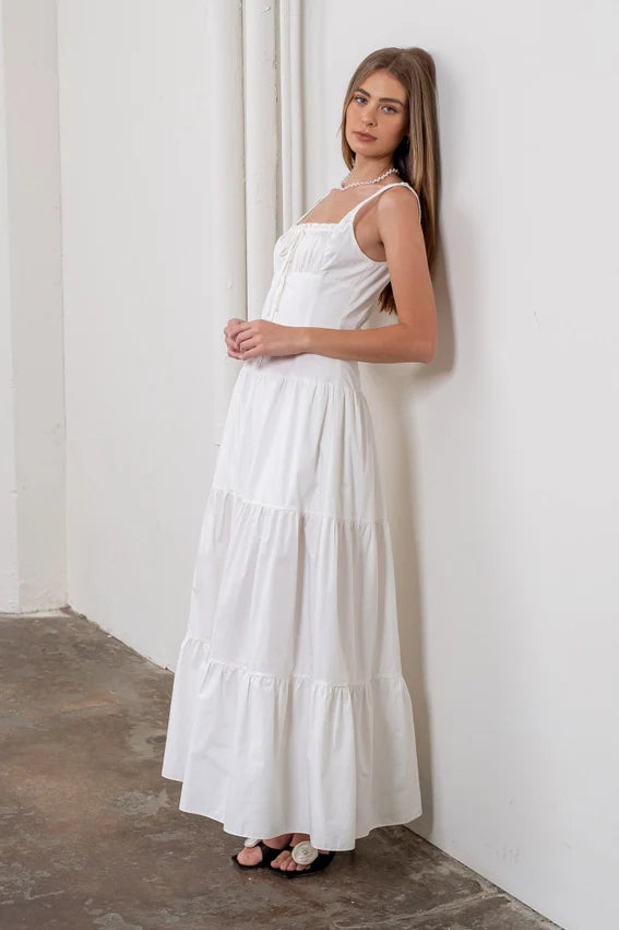 Corset Top Button Down Tiered Maxi Dress WHITE