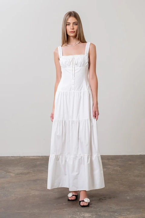 Corset Button-Down Tiered Maxi Dress White Women's Elegant Dress