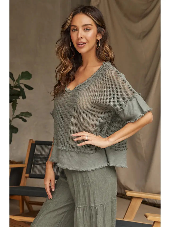 Cotton Mesh Grid Short Sleeve Top - Army Green