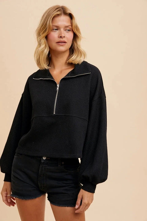 Cotton Thermal Cropped Half Zip Pullover - Black
