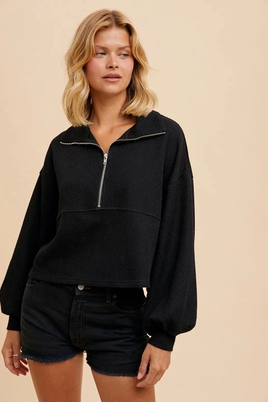 Cotton Thermal Cropped Half Zip Pullover - Black