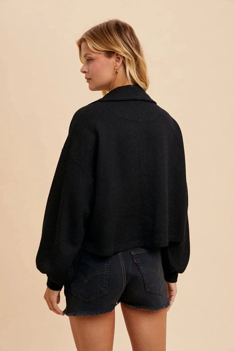 Cotton Thermal Cropped Half Zip Pullover - Black