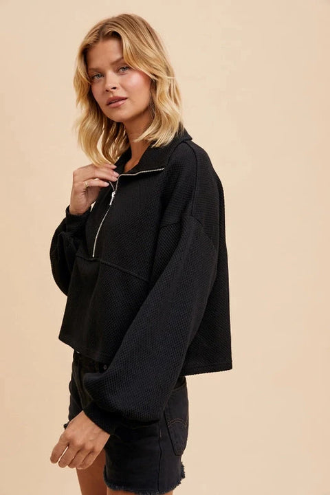 Cotton Thermal Cropped Half Zip Pullover - Black