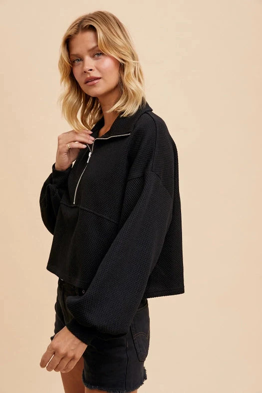 Cotton Thermal Cropped Half Zip Pullover - Black