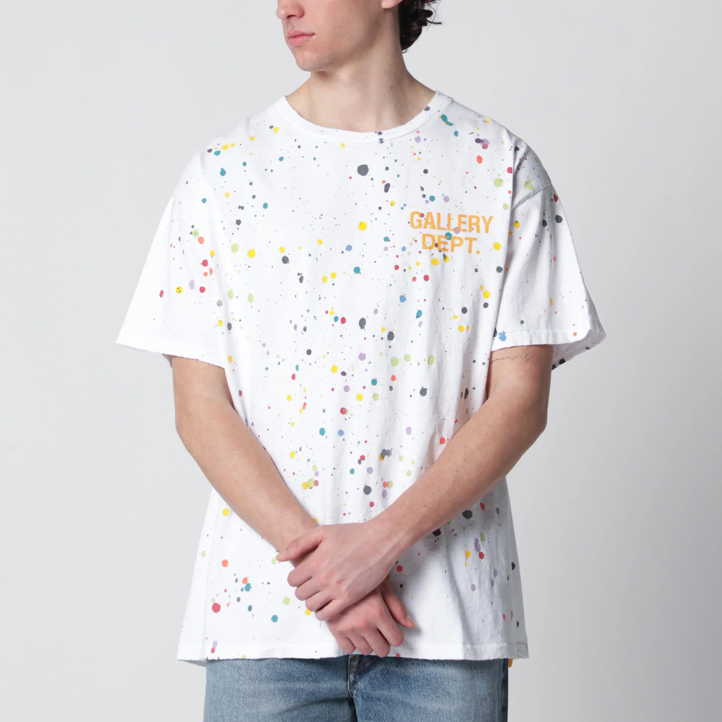 Cotton White Logo T-Shirt with Breathable Paint Splashes for Everyday Comfort