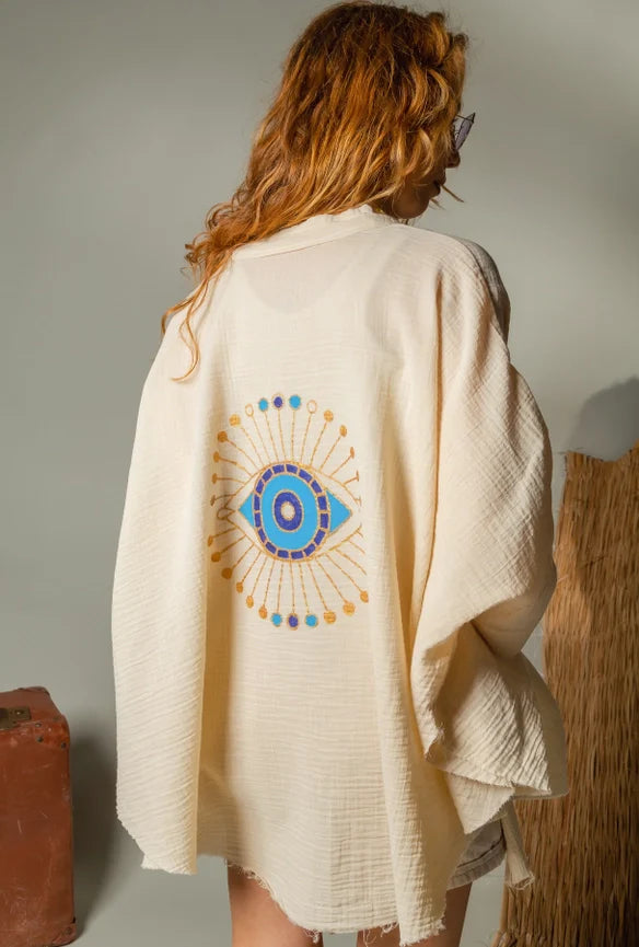Cream Celestial Evil Eye Muslin Kimono Robe / Poncho