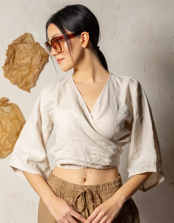 Cream Linen Wrap Crop Top