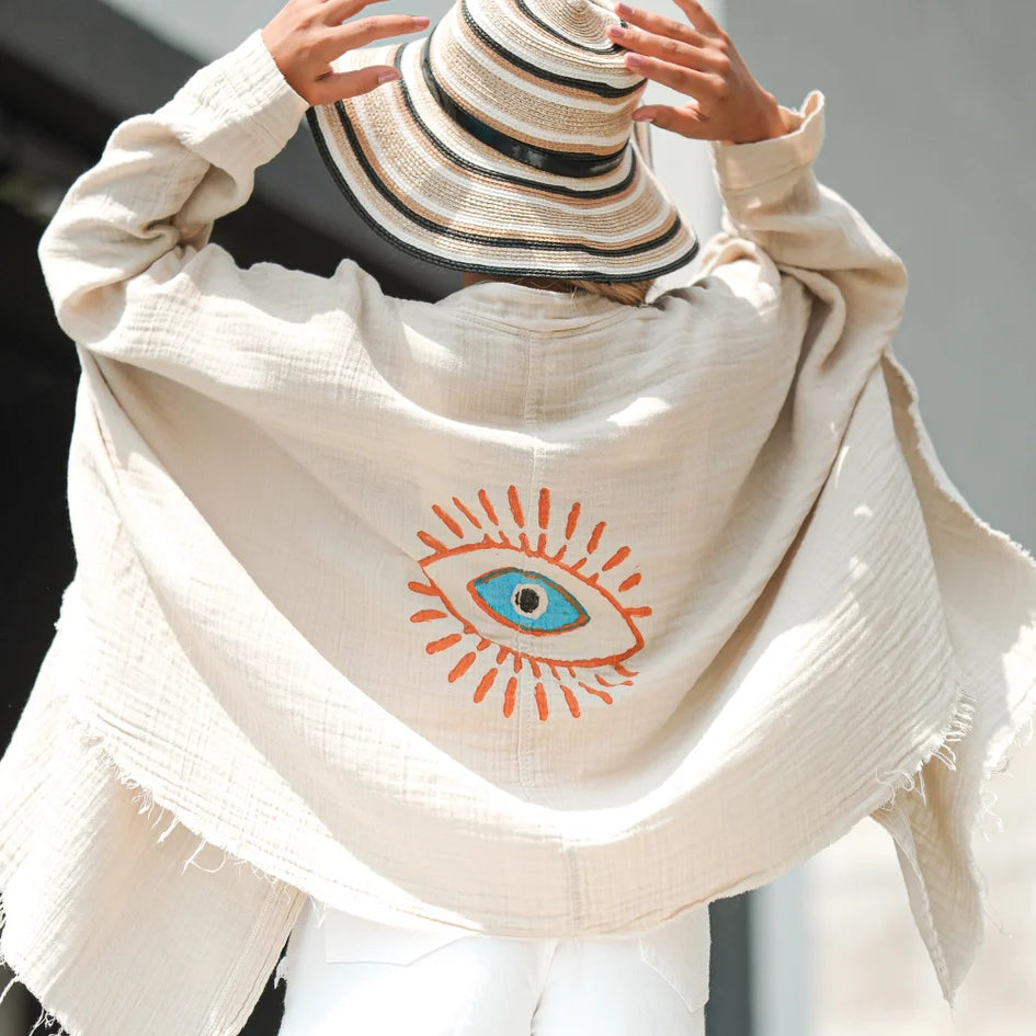 Cream Retro Evil Eye Muslin Kimono Robe / Poncho