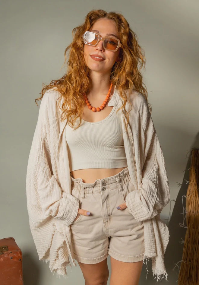 Cream Retro Evil Eye Muslin Kimono Robe / Poncho