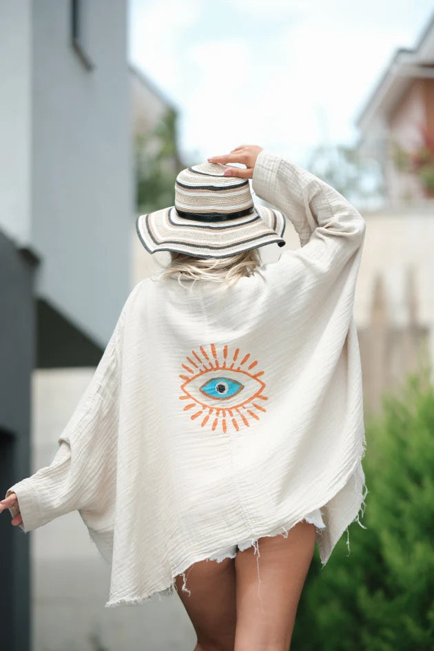 Cream Retro Evil Eye Muslin Kimono Robe / Poncho