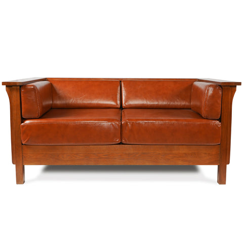 Craftsman Cubic Panel Side Love Seat - Russet Brown Leather