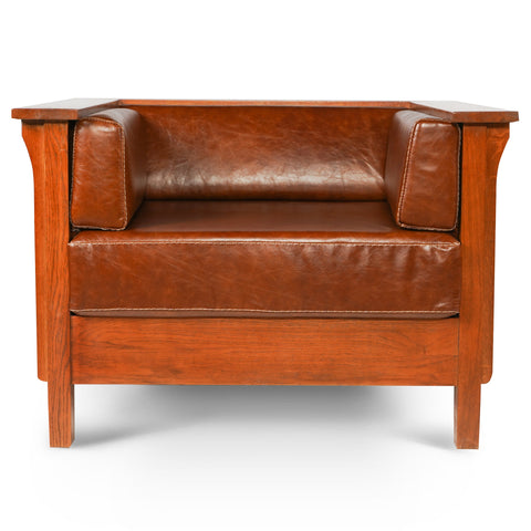 Pre-Order Arts and Crafts / Craftsman Cubic Slat Side Arm Chair - Chestnut Brown Leather