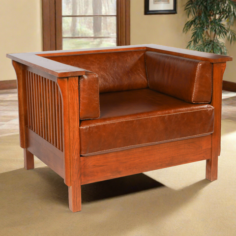 Pre-Order Arts and Crafts / Craftsman Cubic Slat Side Arm Chair - Chestnut Brown Leather