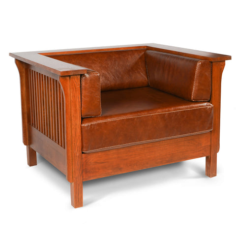 Pre-Order Arts and Crafts / Craftsman Cubic Slat Side Arm Chair - Chestnut Brown Leather