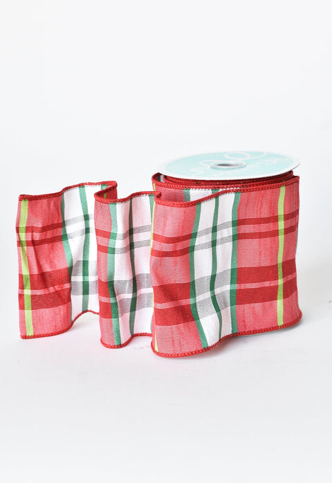 4" x 10yd Red + White + Green Plaid Ribbon