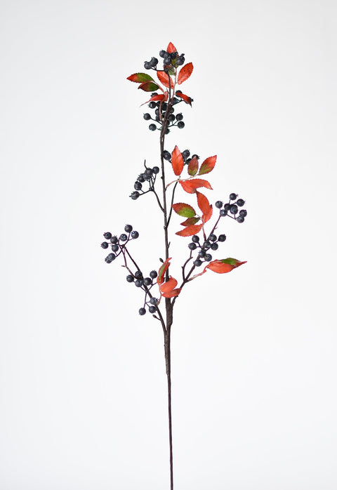 34" Faux Blue Berry w/ Red Foliage Stem