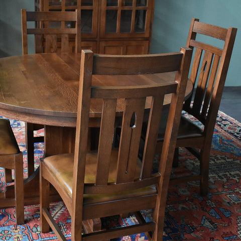 Mission Quarter Sawn Oak 2 Leaf Round Dining Table Set w/ 6 Chairs
