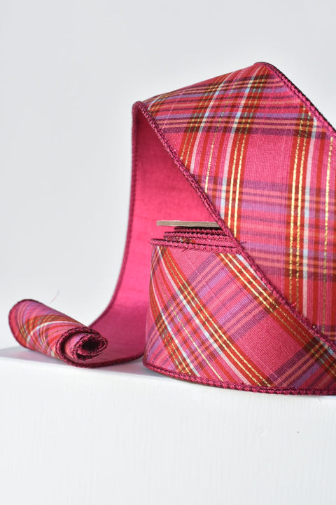 2.5" x 10yd Pink/Fuchsia/Red/Orange Plaid Dupioni Silk Ribbon