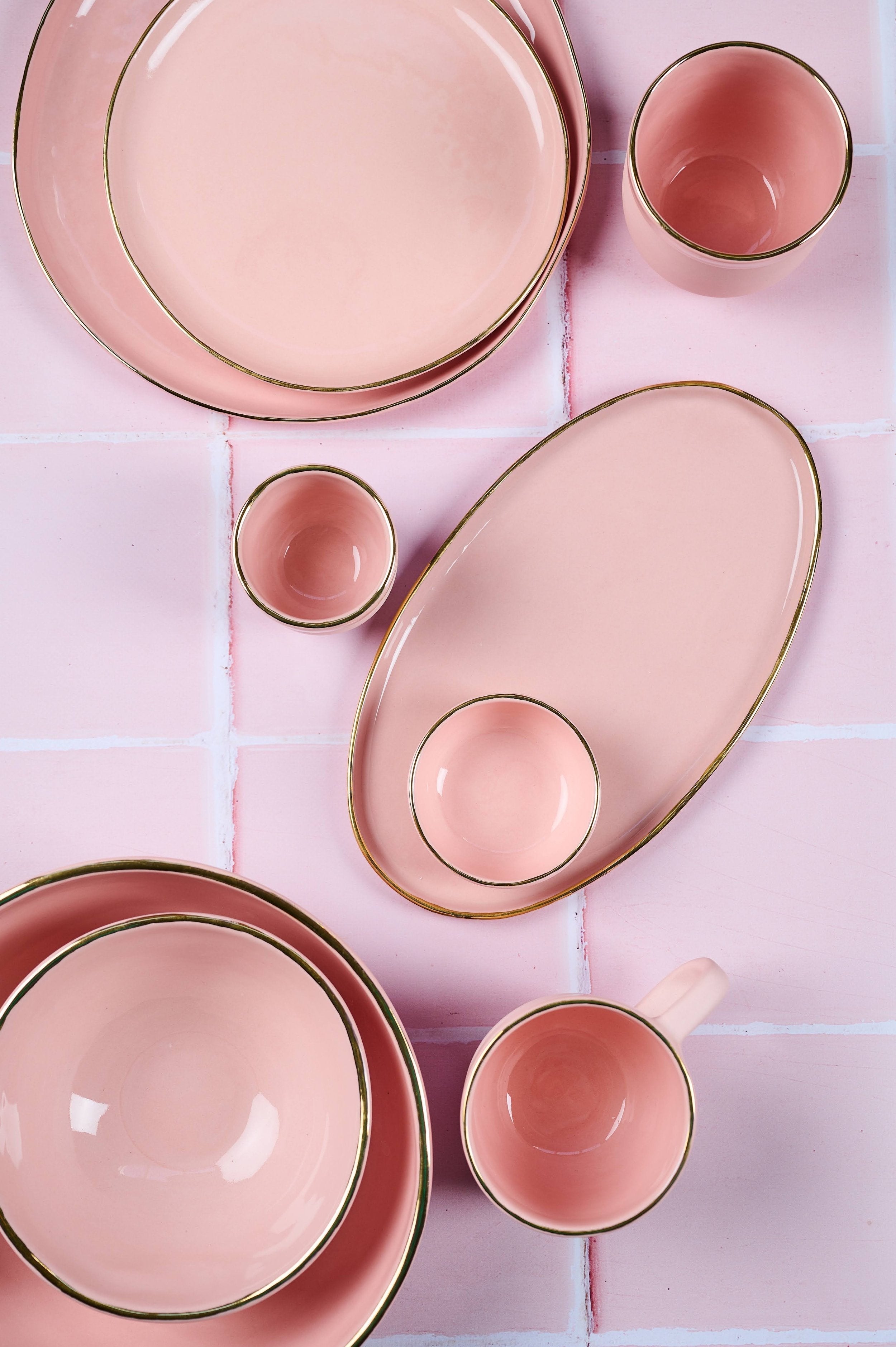 Handmade Porcelain Pink Salad Bowl with Gold Rim