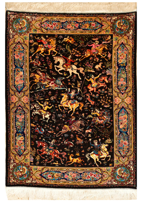 Fine Tabriz Hunting Design Silk Rug 3' x 5'