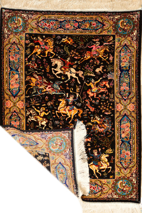 Fine Tabriz Hunting Design Silk Rug 3' x 5'