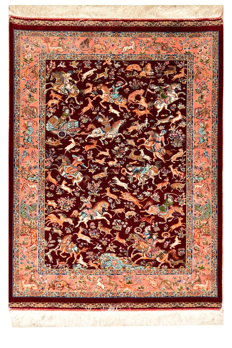 Isphahan Hunting Design 100% Silk Oriental Rug 3' x 5'