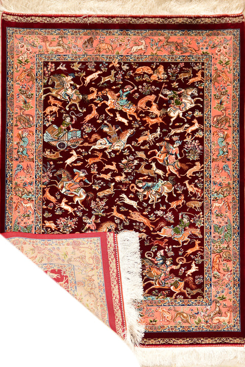 Isphahan Hunting Design 100% Silk Oriental Rug 3' x 5'