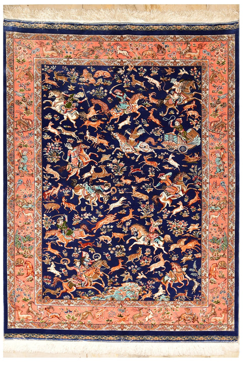 Isphahan Hunting design Silk Rug 3'10" x 5' 8"