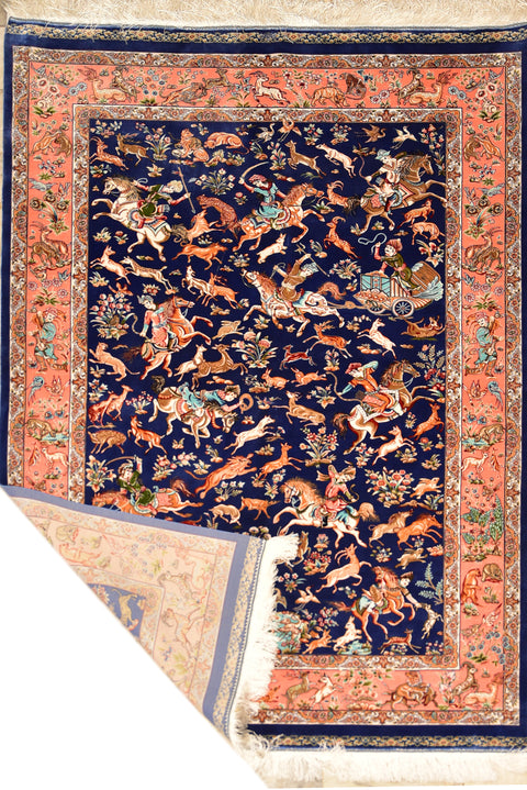 Isphahan Hunting design Silk Rug 3'10" x 5' 8"