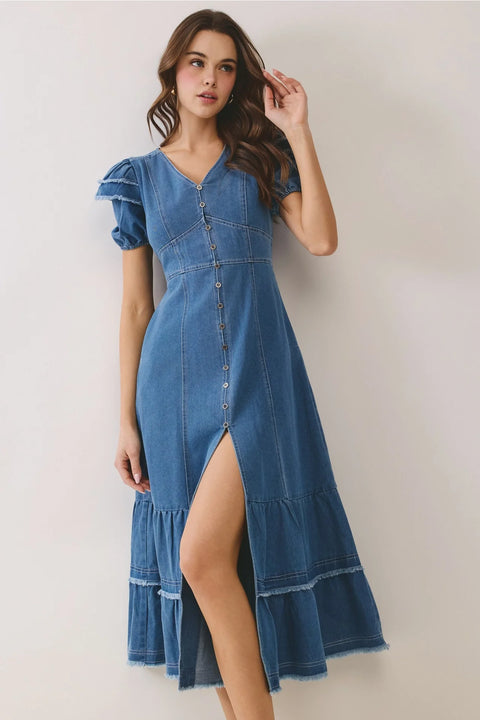 Denim Button Down Front Slit Tiered Midi Dress