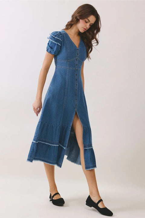 Denim Button Down Front Slit Tiered Midi Dress
