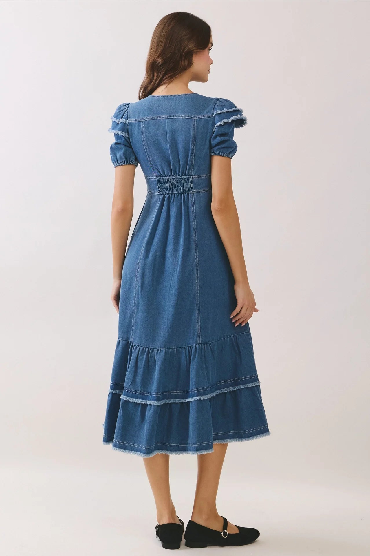 Denim Button Down Front Slit Tiered Midi Dress