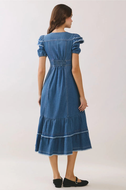 Denim Button Down Front Slit Tiered Midi Dress